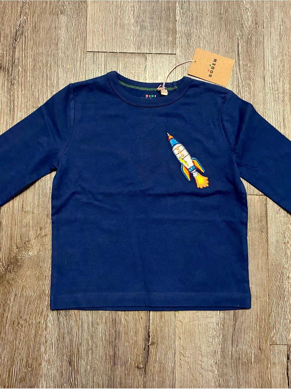 Mini Boden Navy Long Sleeve Tee with Colorful Rocket Patch